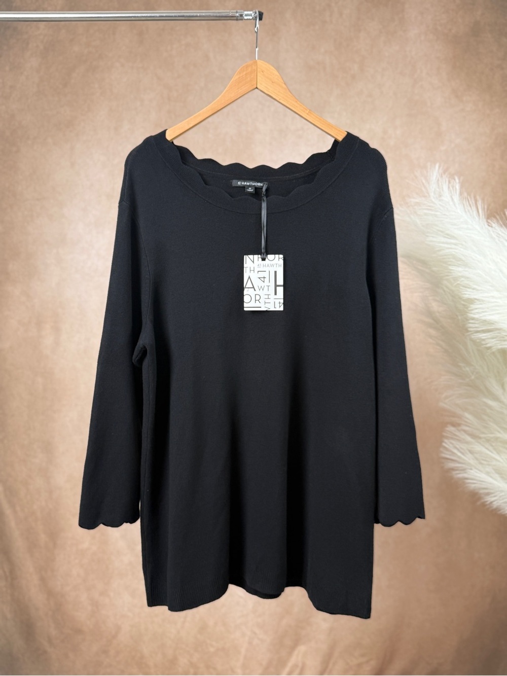 NWT 41 Hawthorn Black Scalloped 3/4 Sleeve Pullovet Knit Sweater Top Plus 3X